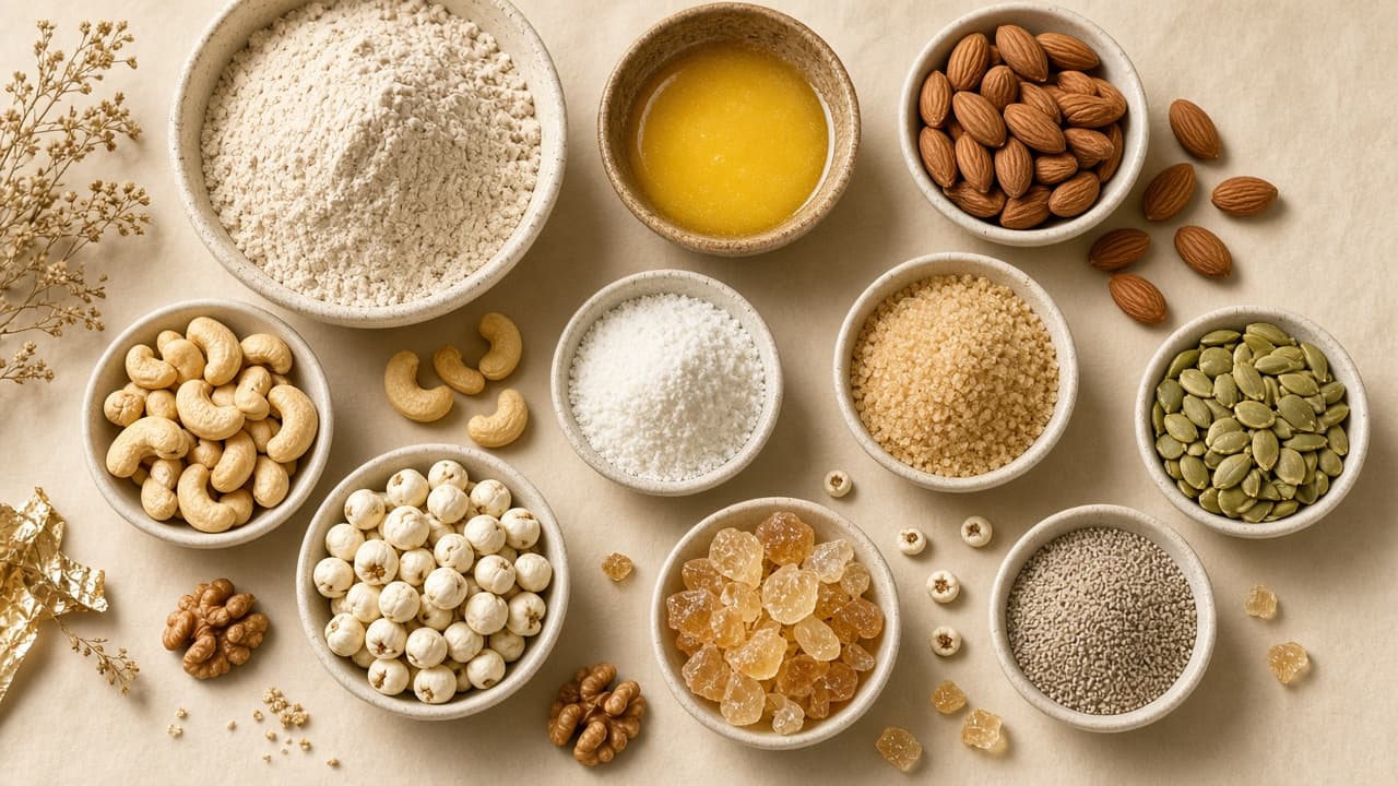 Overhead still life of pinni ingredients on cream paper